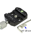 Arca Swiss Style Quick Release Clamp For Tripod Ball Heads And Monopods With Universal Quick Change Plate shown with 1/4-20 screw and bubble level