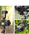 Arca Swiss Quick Release Plate with Fast Claw Clamp for camera tripod mount, shown with DSLR and gimbal stabilizer.