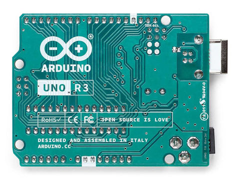 Back view of Uno Rev3 ATmega328P Microcontroller Development Board with 16 MHz clock and USB connectivity.