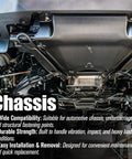 Automotive chassis system showing undercarriage with fastening points and components.