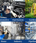 Collage of hose applications: automotive repairs, fuel system maintenance, garden hose setup, home plumbing, industrial machinery, pipeline.