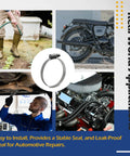 Collage showing applications of embossed worm gear hose clamps size 28 in automotive and garden settings, with a close-up clamp image.