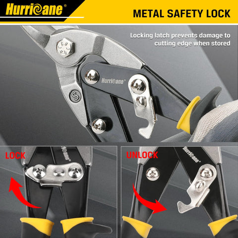 Close-up of 3 Piece Aviation Tin Snips Set with metal safety lock, ergonomic TyGrip handles, and CRV blades for precise metalworking.