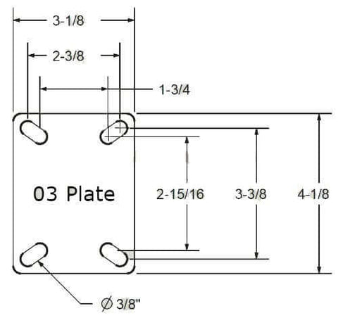 Diagram of 3-1/2” Bakery Rack Oven Casters, Handles temperatures up to 475°F Continuous & 550 °F Intermittent, Set of 4 (No Brakes) plate with measurements.