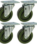 Set of 4" Bakery Rack Oven Casters with Easy Rolling Ball Bearing Wheels, green epoxy wheels and swivel mounting plates.