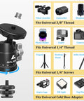 Two Pack Mini Ball Heads With 360 Degree Pan And 135 Degree Tilt Locking Knob Rubber Base Pad To Prevent Scratches Universal One Quarter Inch To Three Eighths Inch Screw Adapters Dual Cold Shoe Mounts For DSLR Cameras And Camcorders