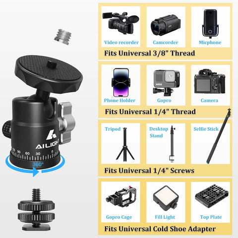 Two Pack Mini Ball Heads With 360 Degree Pan And 135 Degree Tilt Locking Knob Rubber Base Pad To Prevent Scratches Universal One Quarter Inch To Three Eighths Inch Screw Adapters Dual Cold Shoe Mounts For DSLR Cameras And Camcorders
