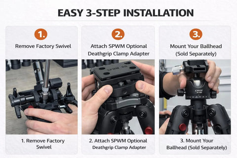 Easy 3-step installation of Ball Head Adapter For BOG DeathGrip Tripod With Plate, showing step-by-step mounting with tools.