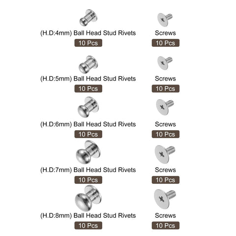Ball Head Stud Rivet Set 4 5 6 7 8 Mm Head Diameter Back Screws 50 Pack Silver Tone Zinc Alloy Button Nipple Rivets for leather craft