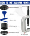How to install ball joints with Heavy Duty Ball Joint Removal Tool And U Joint Press Kit With 4 Wheel Drive Adapters diagram shown