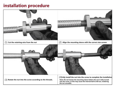 Installation steps for SFU1204 Right-Hand Ball Screw Nut (4mm Lead), Bearing Steel Construction, showing alignment and securing process.