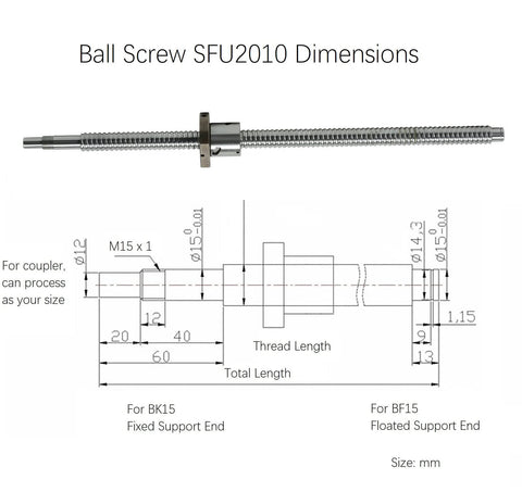 SFU2010 106.3" / 2700mm Anti Backlash Nut 20mm Linear Motion Ball Screws Kit with dimensions and technical drawing