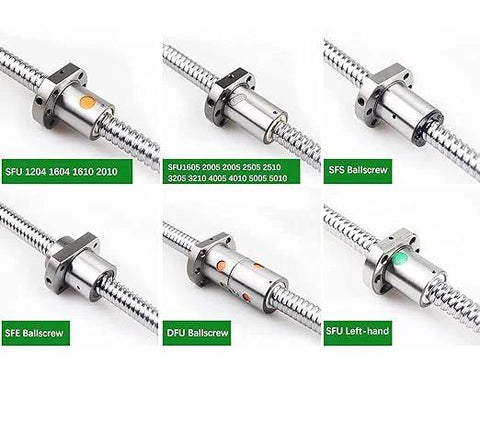 Collection of ball screws including SFU2005 with anti-backlash for CNC machines, showcasing different models and labels.