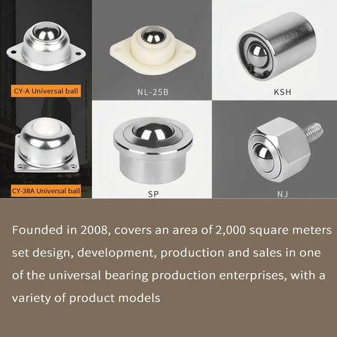 Various types of ball transfer bearings, including models CY-A, NL-25B, KSH, CY-38A, SP, NJ, showcasing universal applications.