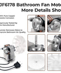 70CFM Bathroom Exhaust Fan Motor Replace 99080166 BP28 YJF6178 Bath Motor details including fan blade and copper components.