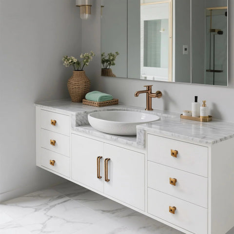 Stylish bathroom showing Antique Brass Zinc Alloy Cabinet Pulls 5 Inch Center To Center Heavy Duty Vintage Retro Drawer Handles.