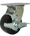 BBQ Pit 4" Polyolefin Casters Kit with Mounting Hardware, 2,000 Lbs. Total Capacity showing swivel caster with brake