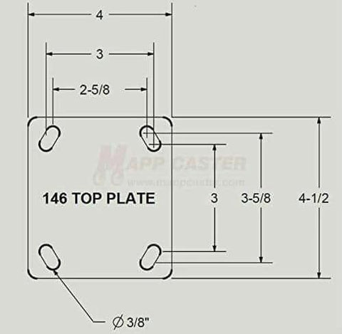 Diagram of top plate for BBQ Pit 4" Polyolefin Casters Kit with Mounting Hardware, includes dimensions and hole placements.