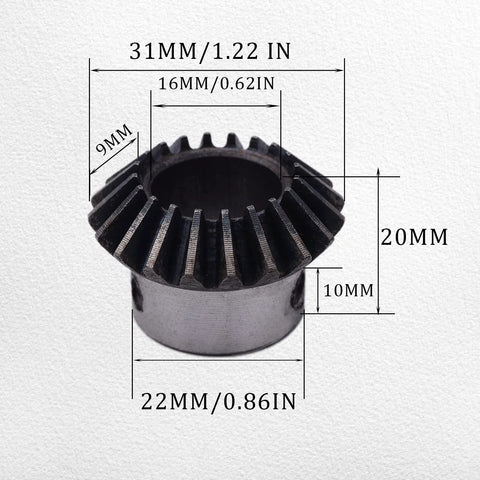 Two Piece Bevel Gear Set 1.5 Module Tapered Bevel Pinion Gears For Hardware And Machinery, 20 Tooth With 16mm Hole, dimensions shown