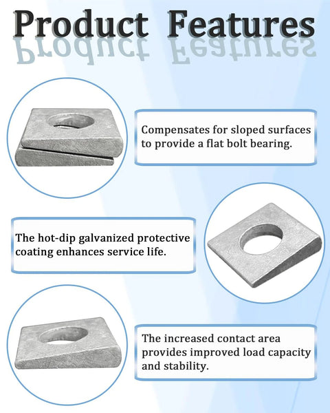 Product features of 24 Beveled Half Inch ID Square Washers Galvanized Steel Leveling Wood And Metal with benefits highlighted.