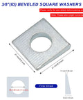 Beveled Square Washer Set delivers a flat, load-distributing surface for bolts on inclined or uneven surfaces; includes 10 hardened carbon steel washers, 3/8 in inner diameter, 7/8 x 7/8 outer, 1.5-5 mm thick, galvanized for corrosion resistance.