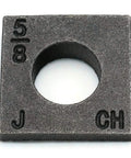 Close-up of a Beveled Square Washer in Plain Malleable Iron, showing 5/8 size marking and central hole, part of 100 count set.
