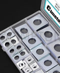 Beveled Square Plate Washer Set 34Pcs In 6 Sizes M8 To M20 With Round Holes in a storage box, showing zinc-coated carbon steel washers.