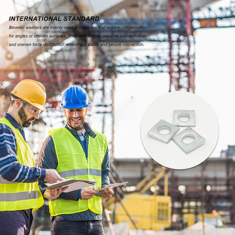 Beveled Square Washer Set with focus on washers, 3/8 in ID, 7/8x7/8 outer, galvanized, shown in construction setting with workers.