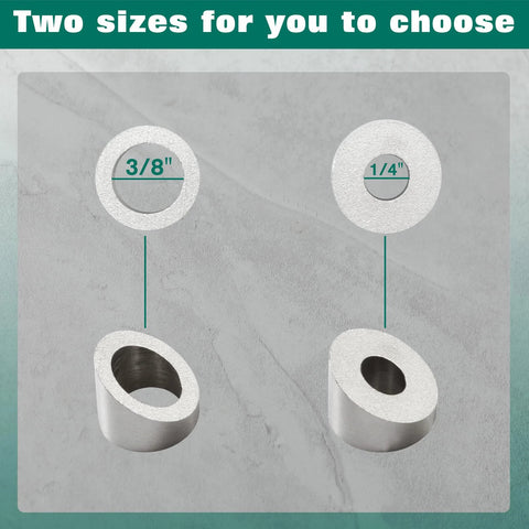 Two sizes of beveled washers: 3/8 inch and 1/4 inch, 30-degree angle, 316 stainless steel for cable railings.