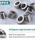 Beveled Washer 3/8 Inch 30 Degree Angled 316 Stainless Steel For Cable Railings in 10-piece pack on gray background
