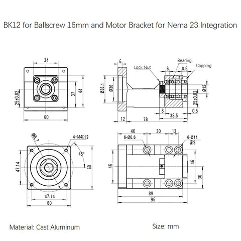 Technical diagram of BK12 for ballscrew 16mm and motor bracket, Nema 23 integration, showing dimensions in mm for SFU1605 1000mm Linear Ball Screw Kit.