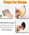 Steps for using 4 Pack Black Adhesive Cabinet Knobs Peel And Stick No Drilling Self Adhesive Drawer Pulls, showing cleaning, peeling, and pressing.