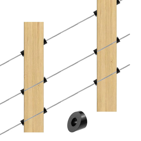 Quarter Inch 30 Degree Black Beveled Washer For Cable Railing 10 Pack installed on wooden posts