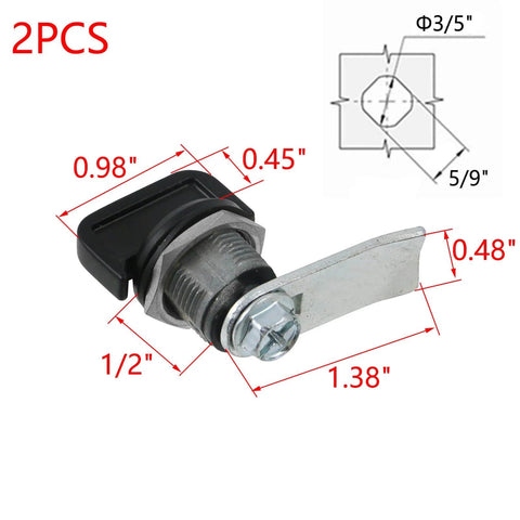 2 Pack Black Thumb Operated Offset Cam Locks With Half Inch Cylinder Zinc Alloy Construction And T Handle For Cabinets Desks RV Compartments And Camper Storage, showing dimensions and design