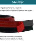 Close-up of Carpet Floor Transition Strip, self-adhesive black trim with red backing, suitable for carpet to tile transition within 5mm.