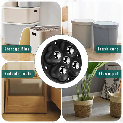 Eight Piece Self Adhesive Caster Wheels For Kitchen Appliances, 360 Degree Swivel Universal Wheel Rollers with five beads shown on various furniture and storage items