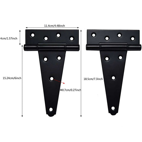 Beefy Gate Hardware Kit With Self Locking Gate Latch And Two 6 Inch T Hinges shown in dimensioned black powder coated steel.