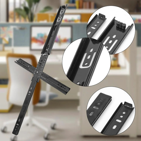 14 Inch Black Full Extension Ball Bearing Drawer Slides Side Mount, showing close-up designs, in an office setting.