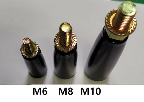 Three black plastic revolving handwheels with M8, M6, and M10 threads for machinery adjustment; focus on M8 for table saws and jacks.