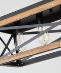Close-up of Five Light Rectangular Farmhouse Pendant Chandelier Black With Oak Wood And Metal 65 Inch Adjustable Chain