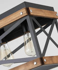 Close-up of Five Light Rectangular Farmhouse Pendant Chandelier Black With Oak Wood And Metal 65 Inch Adjustable Chain