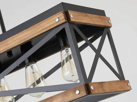 Close-up of Five Light Rectangular Farmhouse Pendant Chandelier Black With Oak Wood And Metal 65 Inch Adjustable Chain