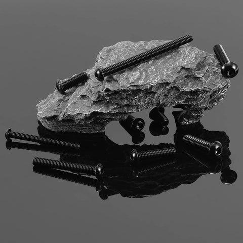 20 Pieces 1/4-20 Button Head Socket Cap Screws Set In 304 Stainless Steel 18-8 Black Oxide on rock surface, showcasing hex drive feature.