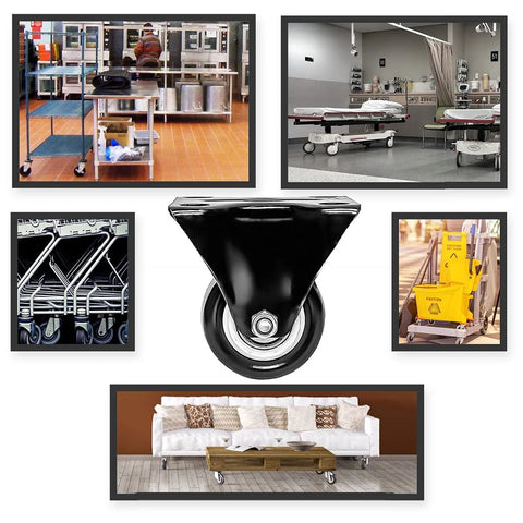 Collage showcasing 8 Pack 2 Inch Caster Wheels Rigid Fixed Non Swivel All Black Polyurethane Wheels in various settings