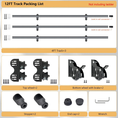 12 Foot Sliding Library Ladder Hardware Kit For Black Retractable Rolling Ladder With Braking Casters Adjustable Upright Position Max Load 300 Pounds No Ladder Included All In One Kit For Easy Weekend Installation components displayed.