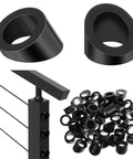 30 Degree Bevel Washer For Cable Railing In Black Stainless 3 Eighths Inch Bore shown in multiple views and cable installation.