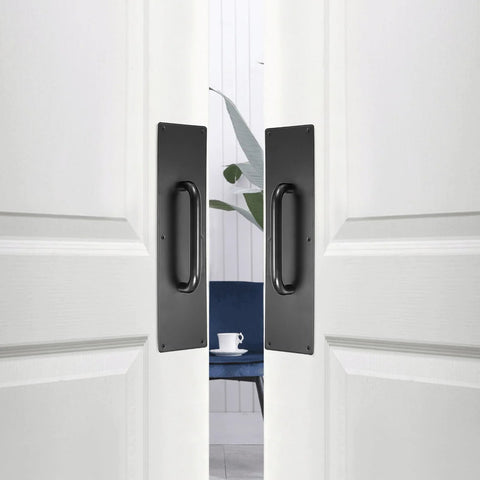 Two Piece 16 Inch Stainless Steel Door Handle Pull And Push Plate Set in brushed black installed on wooden doors in an office space.