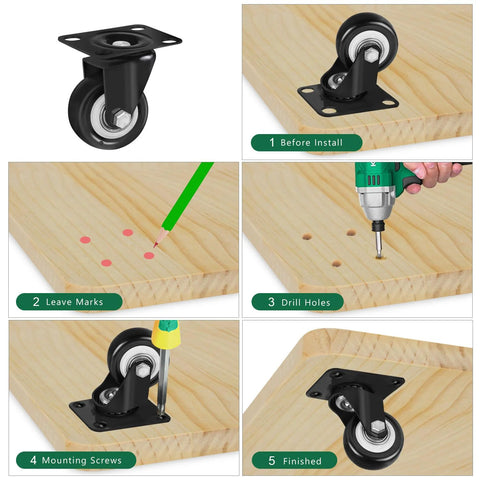Installation guide for Swivel Plate Caster Wheels Replacement 2 Inch Set Of 4 Heavy Duty Industrial Casters on wood surface.