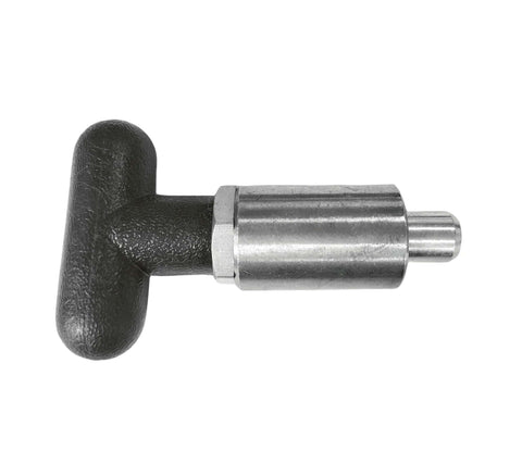Side view of T knob Spring Loaded Pop Pin Spring Loaded Zinc Plated Steel Plunger POP Pull Pin Tire Carrier Pin with black plastic T-handle