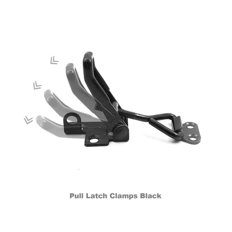 Black adjustable toggle clamp latch set side view with lock hole and 550 lbs holding capacity, includes 10 screws.